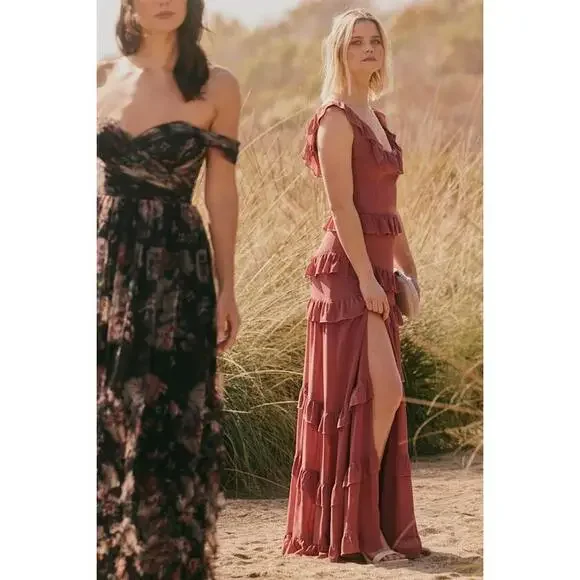 chinese dress ladies Lulus Brittnie Rusty Rose Ribbed Off-The-Shoulder Midi Dress, Size Sma   Vanessa Jane